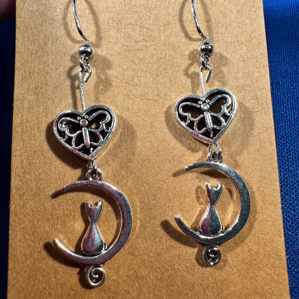 Silver Cat and Moon Dangle Earrings